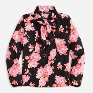J. Crew Tie Neck Long Sleeve Top XS black pink floral rose popover blouse flowy‎